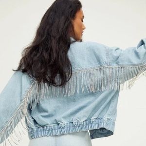 NWOT sz small free people denim bomber with rhinestone fringe